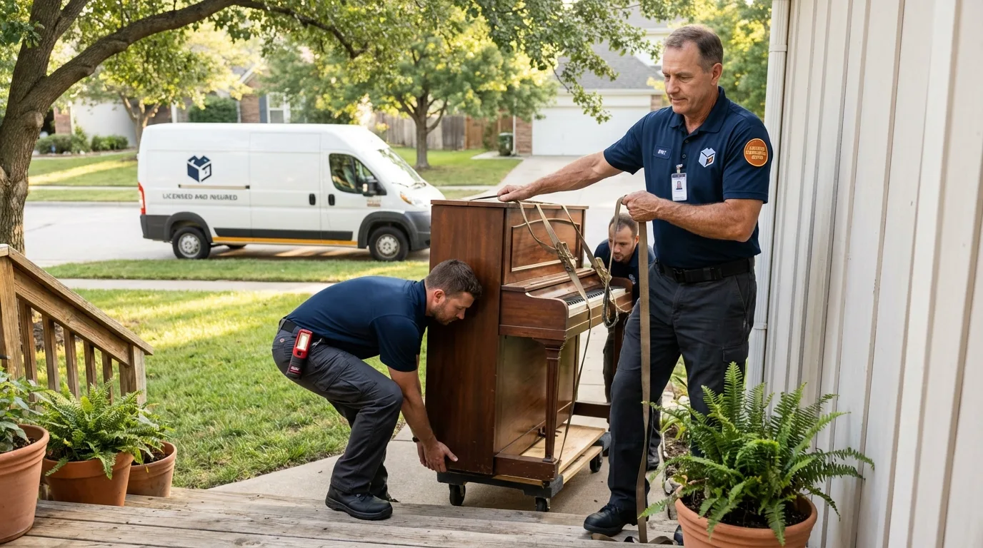 Licensed piano movers securing grand piano in Lone Grove, OK