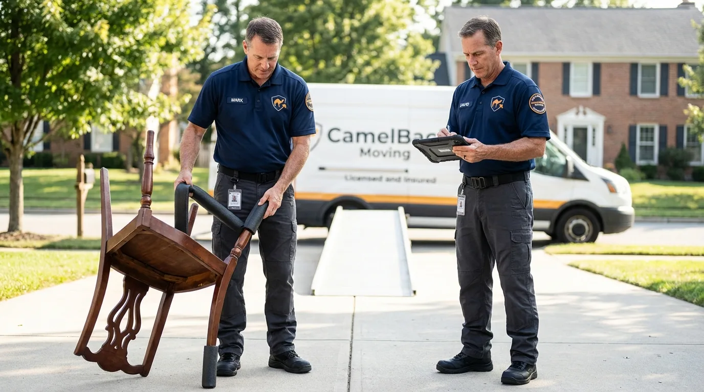 Movers inspecting furniture for damage prevention before loading in Lone Grove, OK
