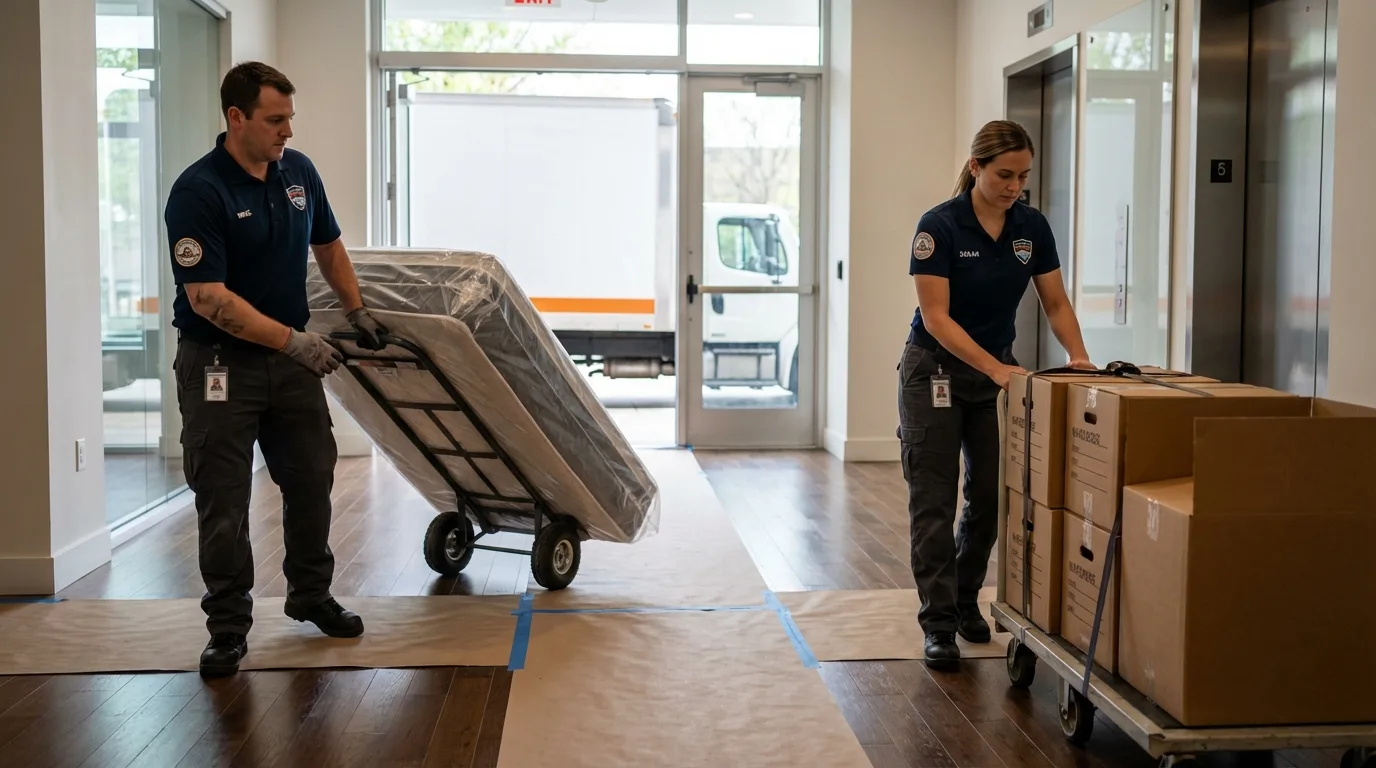 Professional apartment movers loading elevator in Lone Grove, OK