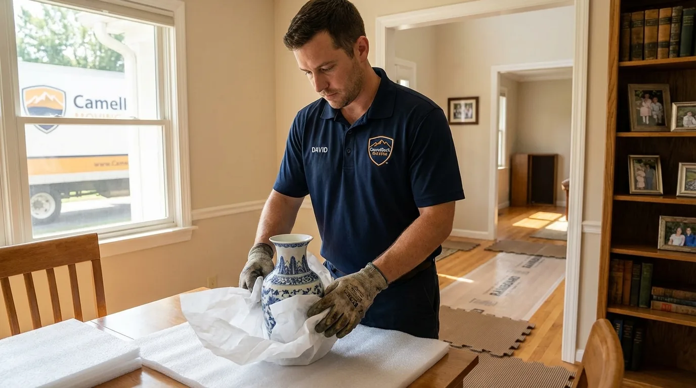 Professional crew carefully wrapping antique vase for senior downsizing move in Lone Grove, OK